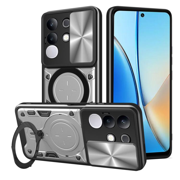 Silver sliding camshield magnetic phone case with circular stand and wrist strap