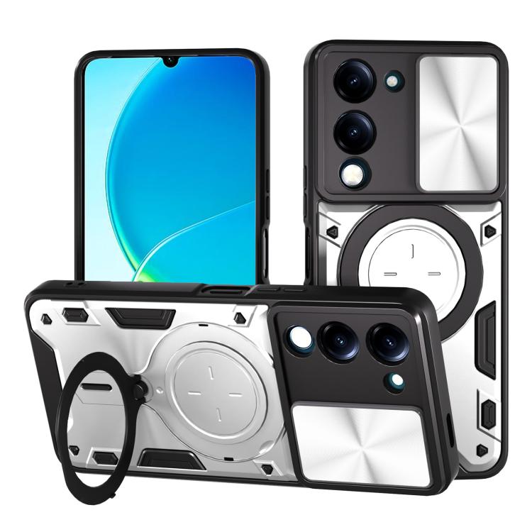 Magnetic phone case with sliding cam shield, white/silver textured shell and ring strap