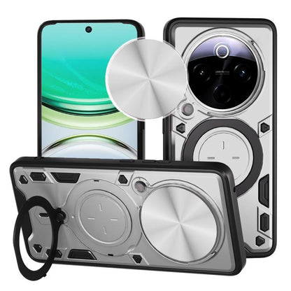 Sliding camshield magnetic phone case in silver with circular card holder and ring stand