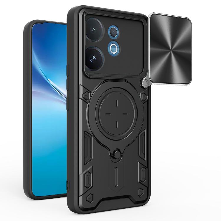Magnetic sliding cam shield phone case, black with blue accents and circular ring detail