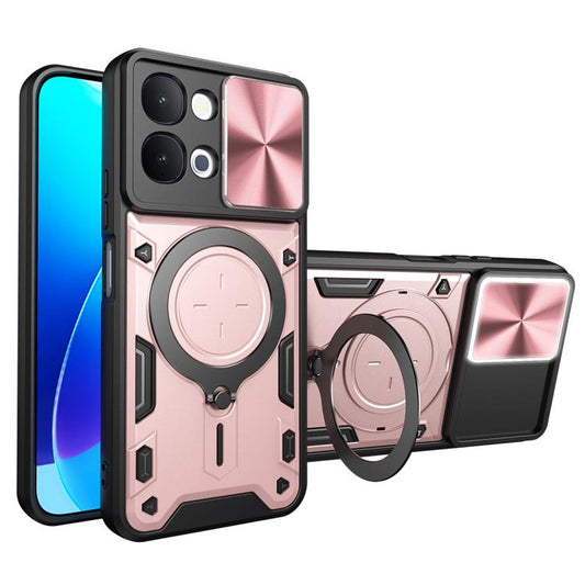Pink and black phone case with sliding camshield cover and circular magnetic holder