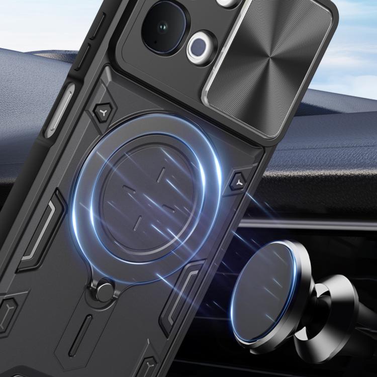 Dark phone case with built-in magnetic ring holder and sliding camshield cover