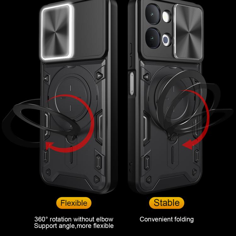 Black rugged phone case with magnetic ring holder and flexible folding support