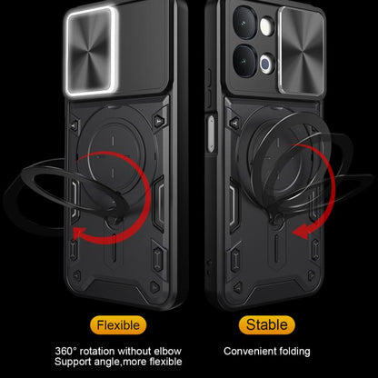 Black rugged phone case with magnetic ring holder and flexible folding support