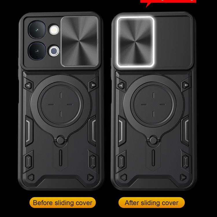 Black phone case with sliding cover over camera and magnetic ring holder, before/after