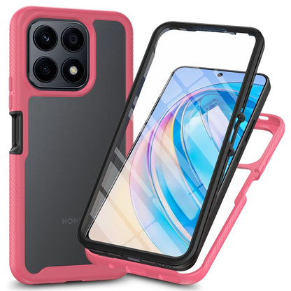 Hybrid shockproof phone case with screen protector, frosted pink frame and dark back