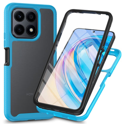 Hybrid shockproof phone case with screen protector, sky blue frame and dark back