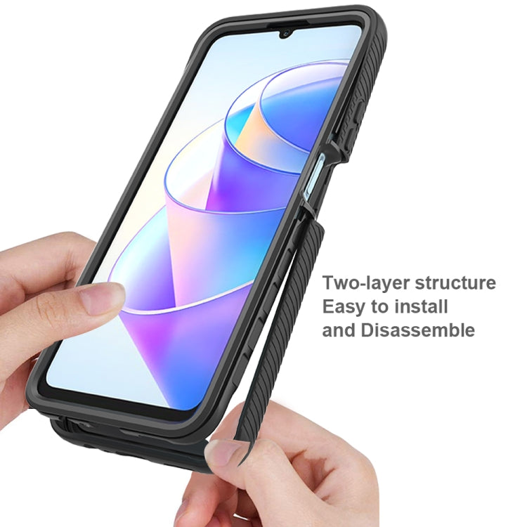 Black hybrid shockproof phone case with PET film, shown during installation