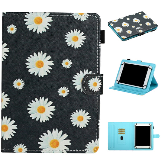 Daisy-flower flip tablet case with card holder and viewing stand, dark cover with blue lining