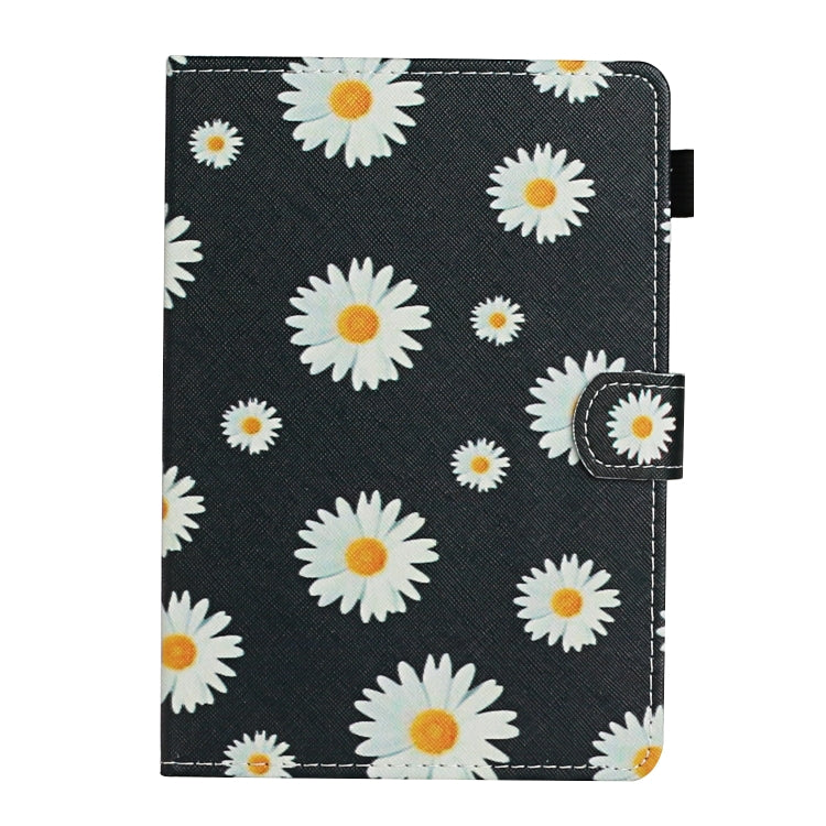 Daisy-flower flip tablet case with card holder, black cover with white daisies and stitching