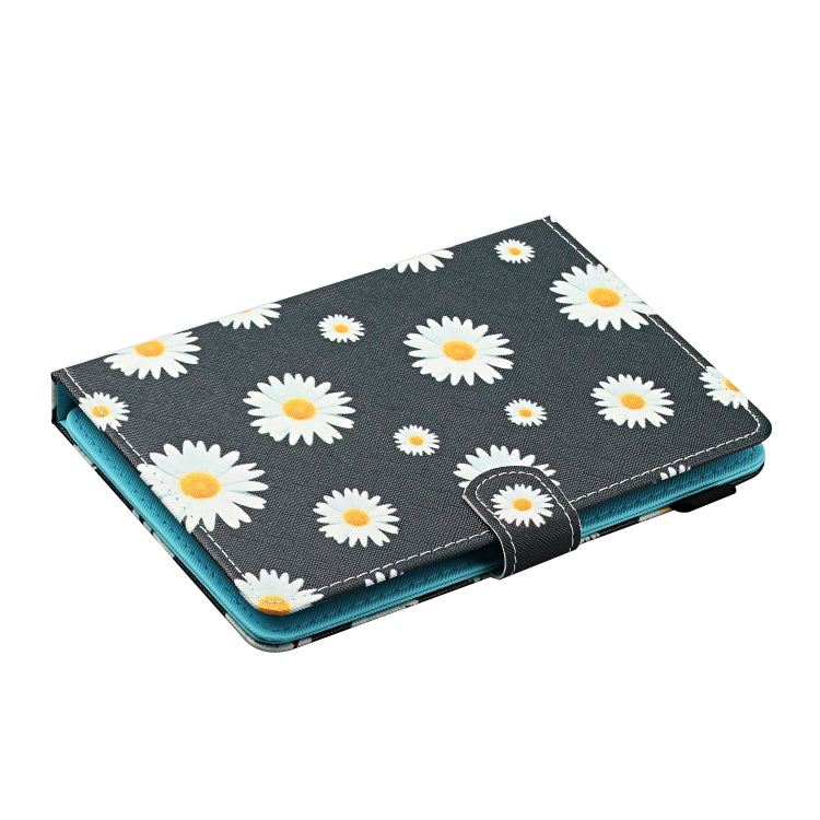 Daisy-print flip tablet case with card holder, dark cover with white daisies and blue edges