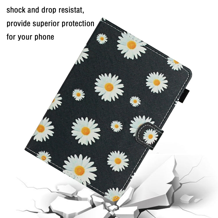 Daisy-flower flip tablet case showing card holder tab, black cover with white daisies
