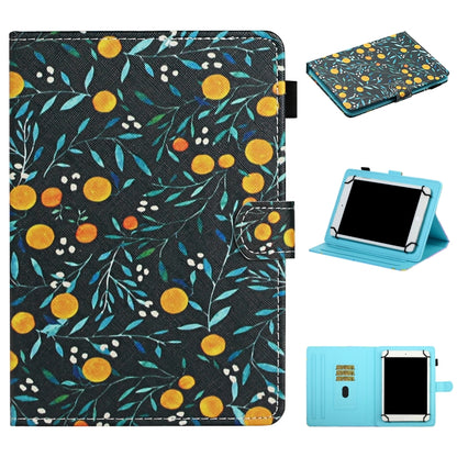 Floral leather flip tablet case with card slots and stand, dark navy with yellow dot pattern