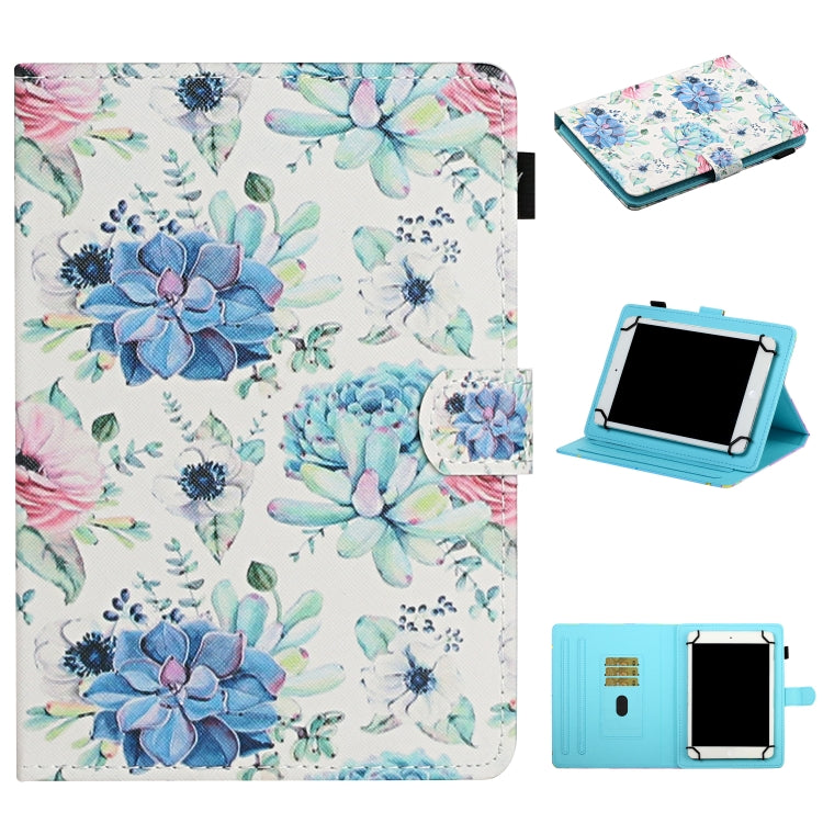 Floral leather flip tablet case with card slots and stand, white with blue flower print