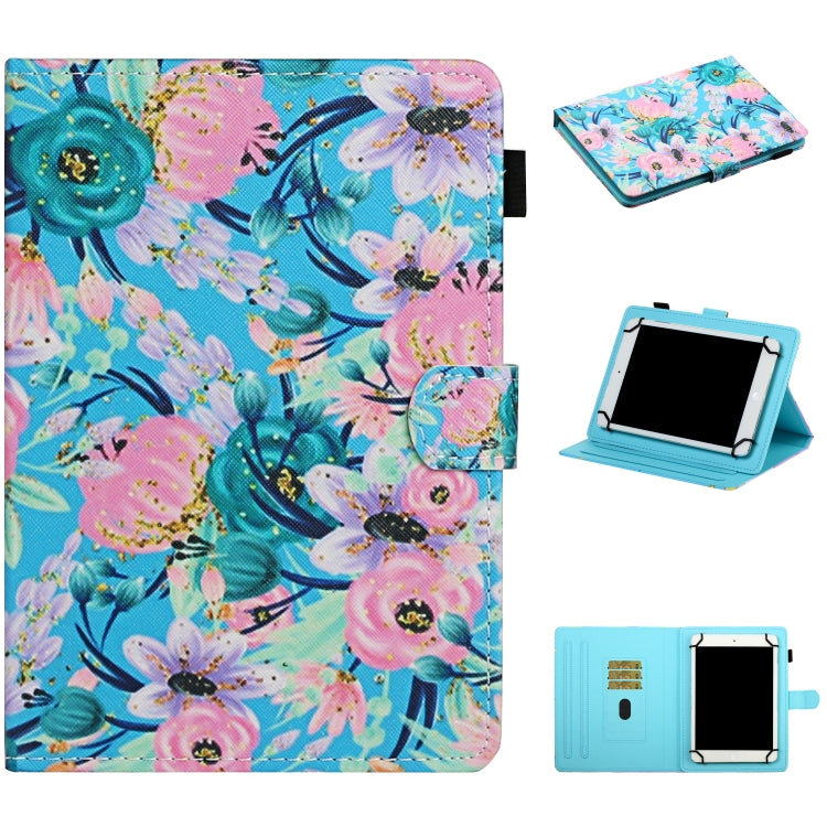 Floral leather flip tablet case with card slots and stand, pastel teal and pink flower pattern