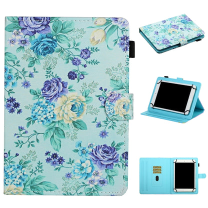 Floral leather flip tablet case with card slots and stand, blue and purple roses pattern