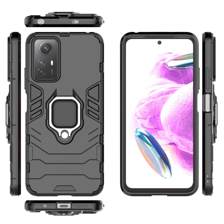 Rugged magnetic ring phone case with front and back views, dark gray/black color.