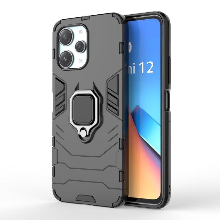 Magnetic ring phone case with rugged armor look, dark gray/black color, dual-layer design.