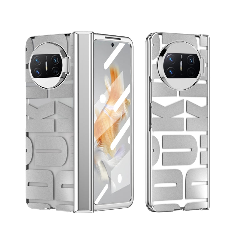 Silver folding phone case with hinge and camera cutout, geometric embossed back
