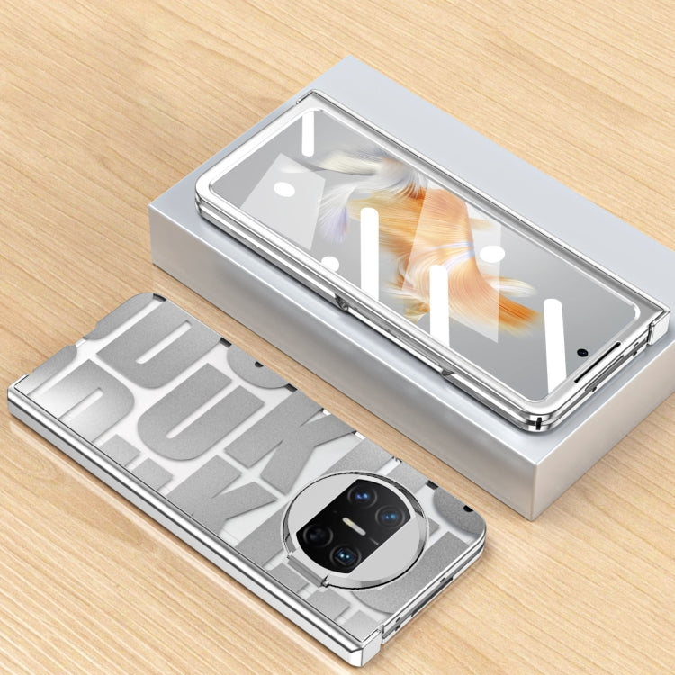 Silver folding phone case with clear screen window and hinge, camera protection