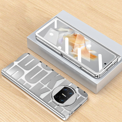 Silver folding phone case with clear screen window and hinge, camera protection