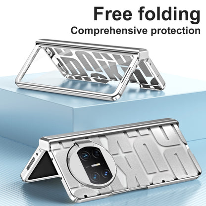 Silver folding phone case with hinge kickstand, textured back and camera protection