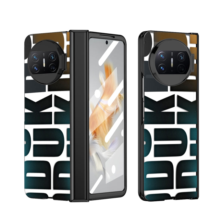Black folding phone case with hinge and camera cutout, geometric textured back
