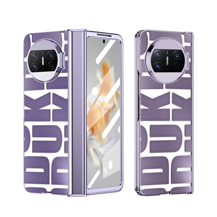 Purple folding phone case with hinge and camera cutout, geometric textured back