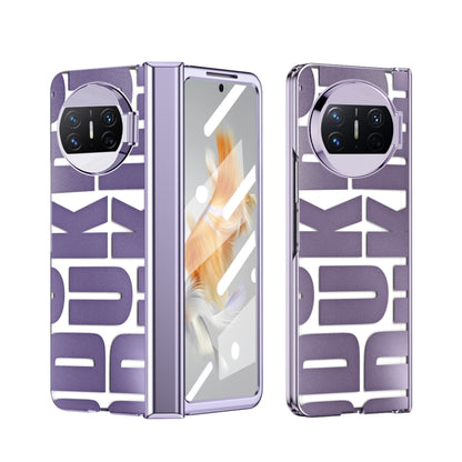 Purple folding phone case with hinge and camera cutout, geometric textured back