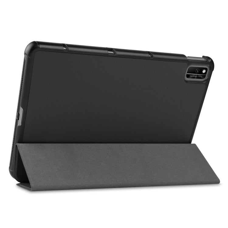 Black three-fold folio case with tablet propped on a front stand