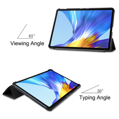 Black three-fold folio case propping tablet at a viewing angle