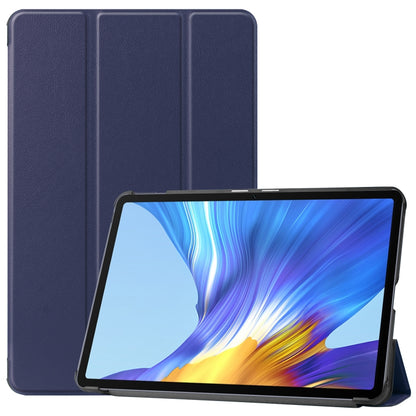 Dark blue three-fold leather tablet case with horizontal stand for screen viewing