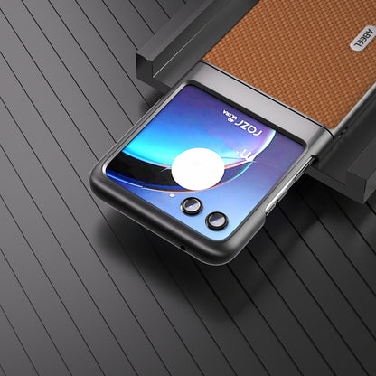 Tan carbon-fiber phone case with black bumper for Razr 40 Ultra, rear view