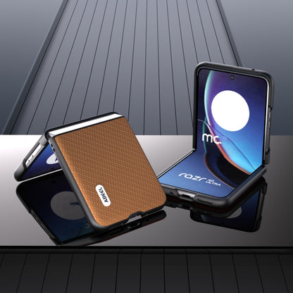 Tan carbon-fiber phone case with black bumper for Razr 40 Ultra, front and back