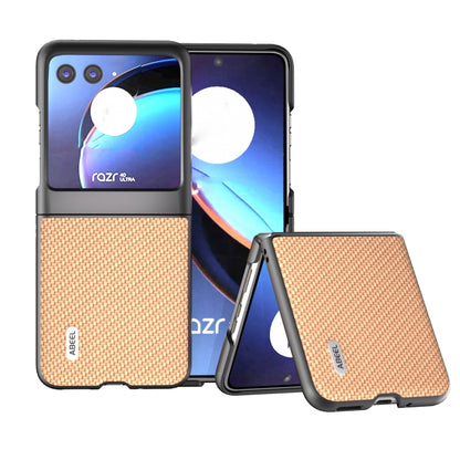 Tan carbon-fiber phone case with black bumper for Razr 40 Ultra, front view