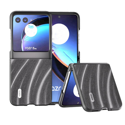 Protective phone case with dark gray wavy stripe design and camera cutouts