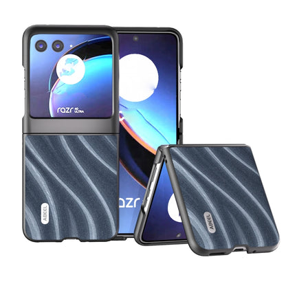 Protective foldable phone case with dark blue and gray wave pattern, shown open