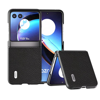 Litchi-texture genuine leather phone case, black flip-style design with textured back