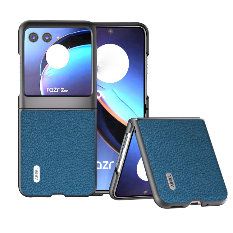 Litchi-texture genuine leather phone case, blue flip-style design with textured back
