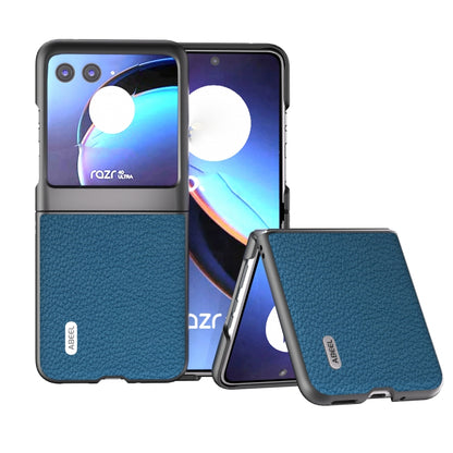 Litchi-texture genuine leather phone case, blue flip-style design with textured back