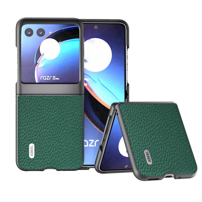 Litchi-texture genuine leather phone case, dark green flip-style design with textured back