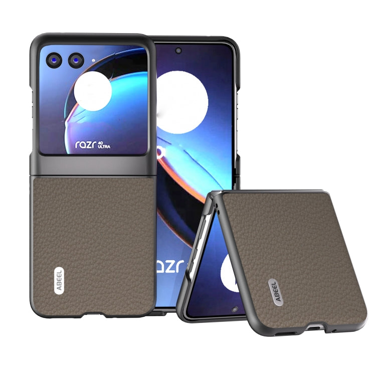 Litchi-texture genuine leather phone case, grey flip-style design with textured back