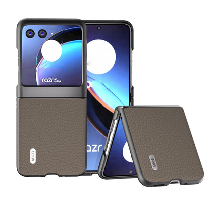 Litchi-texture genuine leather phone case, grey flip-style design with textured back