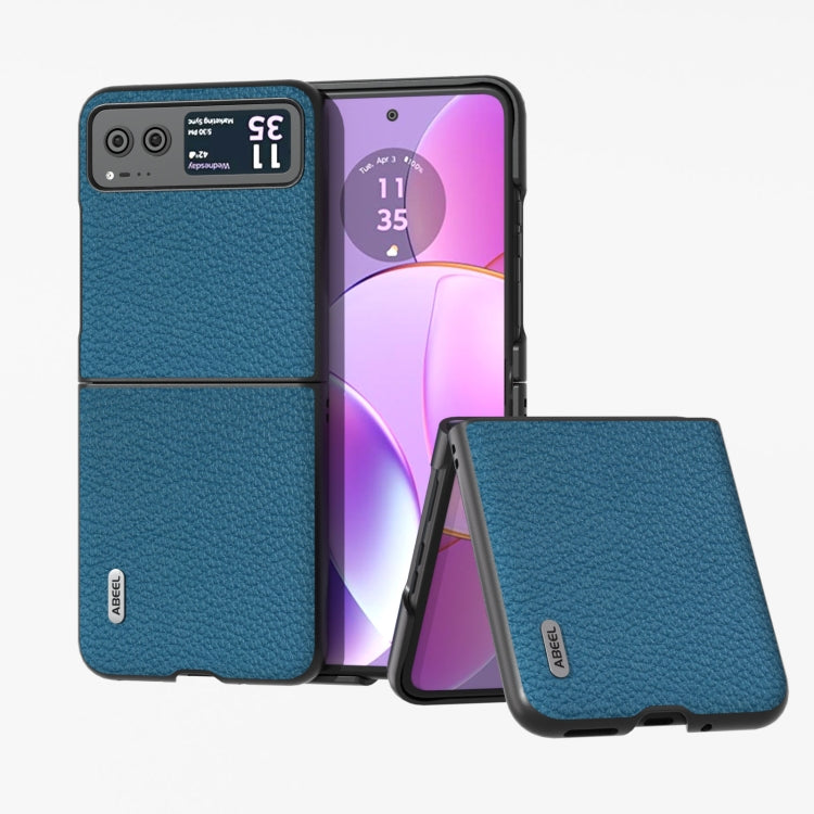 Genuine leather litchi-textured phone case, blue, with flip cover and kickstand