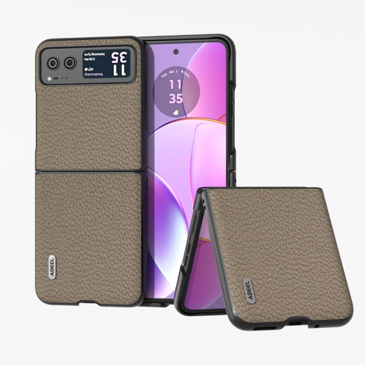 Litchi-texture genuine leather phone case, tan flip-style design with textured back