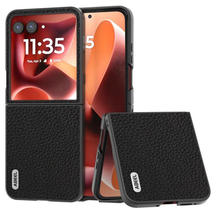 Genuine leather litchi-textured phone case, black, for a foldable phone with flip cover