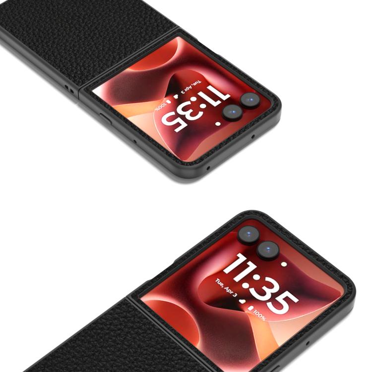 Genuine leather litchi-textured phone case close-up, black, with flip cover