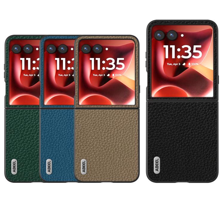Genuine leather litchi-textured phone case set in green, blue, tan, and black
