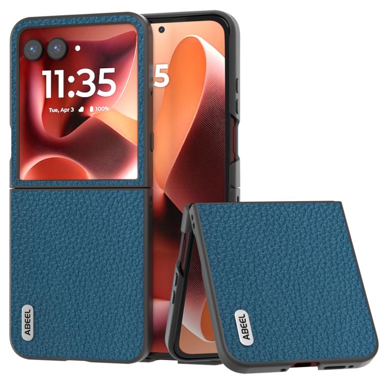 Genuine leather litchi-textured phone case, blue, for a foldable phone with flip cover