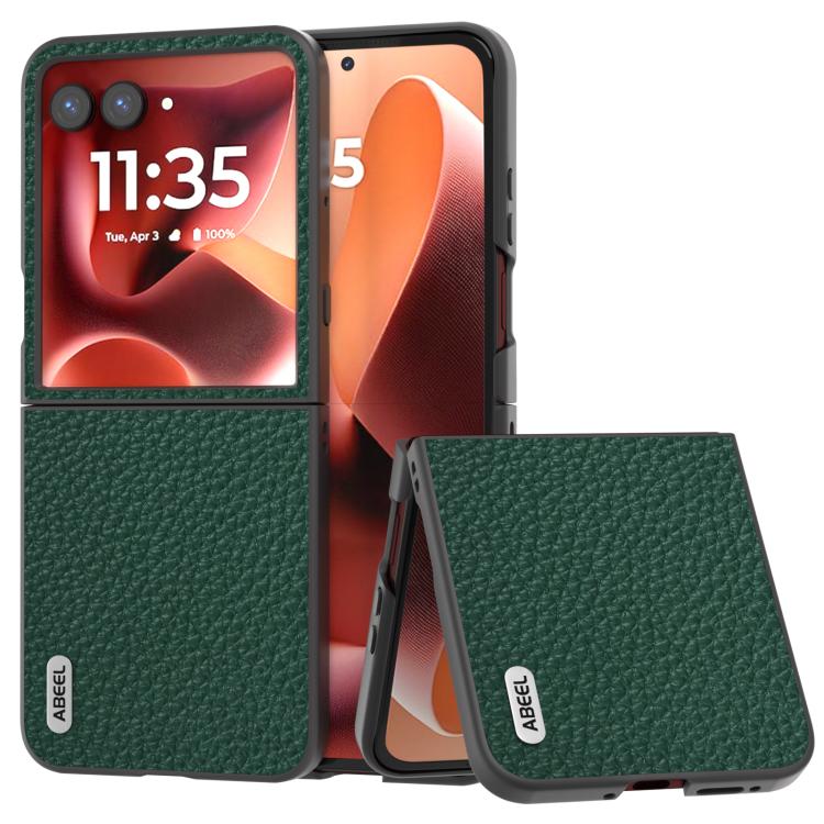 Genuine leather litchi-textured phone case, green, with flip cover for foldable phone